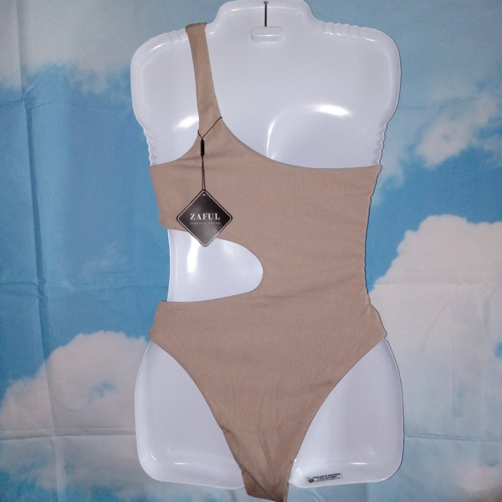 Zaful One-Shoulder 1-piece Cut-out Coffee and Cream Swimsuit – Size U.S. 4 New - Picture 2 of 2